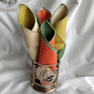 4 vintage linen fall color napkins and metal candle/napkin holder Thanksgiving